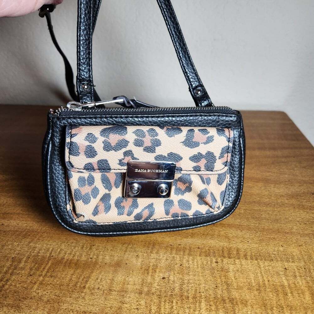 Dana Buchman Black & Leopard Print Mini Crossbody Bag 7" X 4 3/4"